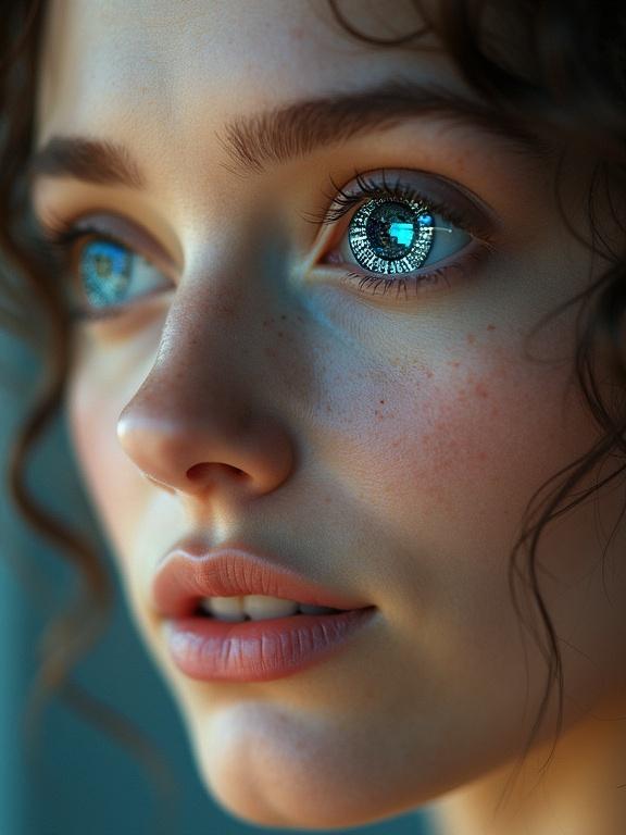 Extreme ultra close-up of a young woman from forehead to chin. Hyper-realistic skin texture with pores and freckles. Warm expression and sensual smile. Synthetic, anatomically shaped eyes with camera lens mechanics. Glow in blue or teal light and lens dynamics. Bokeh background and shallow depth of field. Fusion of organic and synthetic aesthetics.
