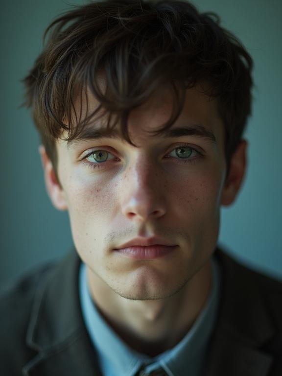 Portrait photo of a young man from the waist up. He faces the camera with a natural expression. Appears like a digital identity. Eyes have subtle digital shimmer. Captured with a cheap smartphone. Image shows heavy digital noise and blur. Colors are dull and muted. Taken indoors with harsh lighting. Vertical frame.