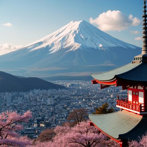 Scenic view of Mount Fuji in spring with cherry blossoms in the foreground and a traditional pagoda.