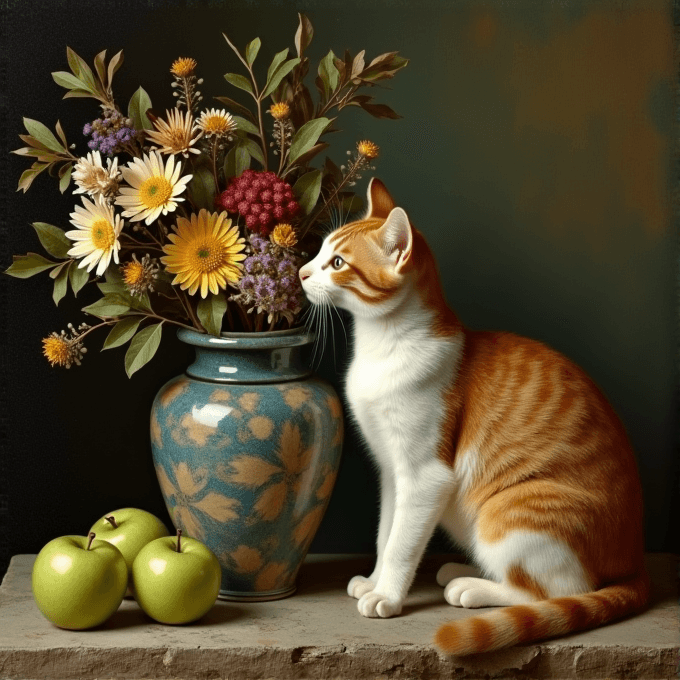 A ginger and white cat sits beside a large vase of vibrant flowers, with three green apples in the foreground.