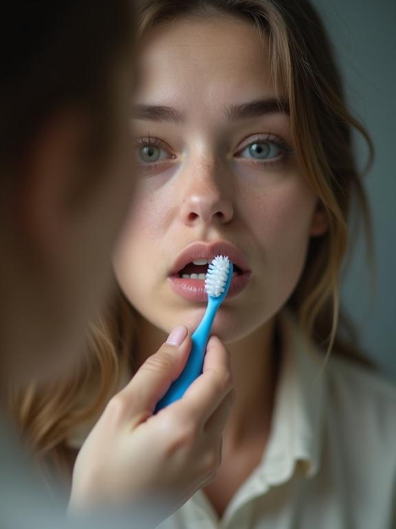 Close-up of a young woman brushing teeth. She appears tired with pale skin and heavy eyes. The reflection aligns with her movements.