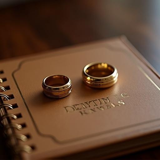 Two gold rings placed on an elegant wooden table with a small brown booklet for dentist appointments nearby.