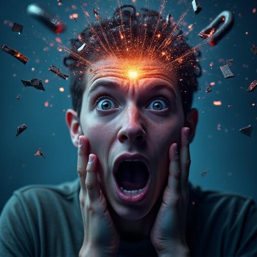 Dramatic close-up of shocked young adult holding head in realization. Forehead glowing with light. Floating broken chains and exploding glass shards represent destruction of limiting patterns. Dark blue and purple tones with orange sparks create an intense atmosphere.
