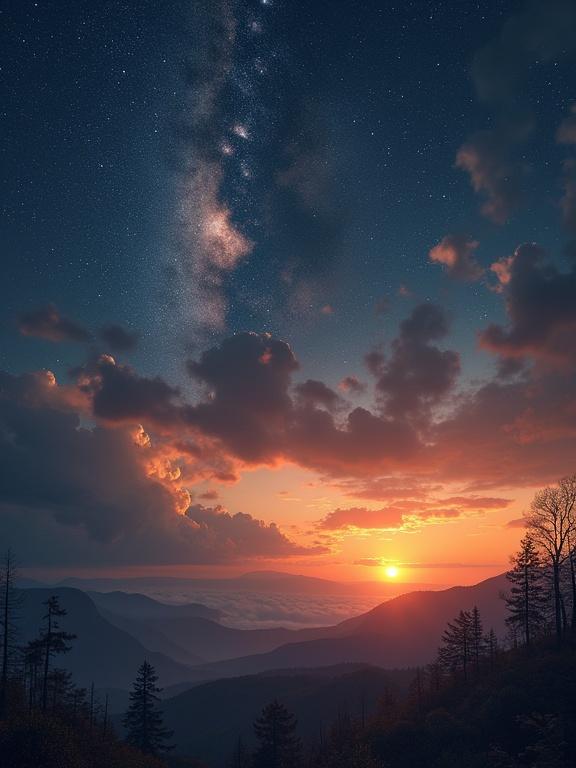 A panoramic view of mountains at sunset. The sky filled with vibrant colors as the sun dips below the horizon. Stars start to appear, hinting at the night sky with the Milky Way visible. Silhouettes of trees in the foreground enhance tranquility.