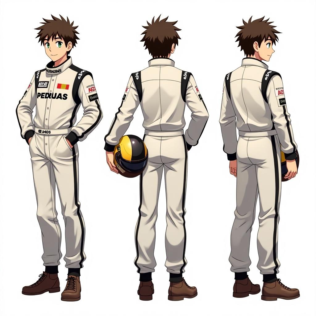 Character sheet features a male character in anime style. Character has shaggy brown hair and green eyes. Outfit is a racing suit. Views include front, side, and back. Character holds a racing helmet. Character exudes confidence and outgoing nature.