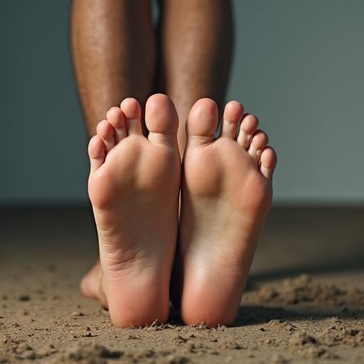 A very tall barefoot man shows his large soles. The man's face is visible in the background. The setting is natural with simple earth tones. Soft lighting emphasizes the feet.