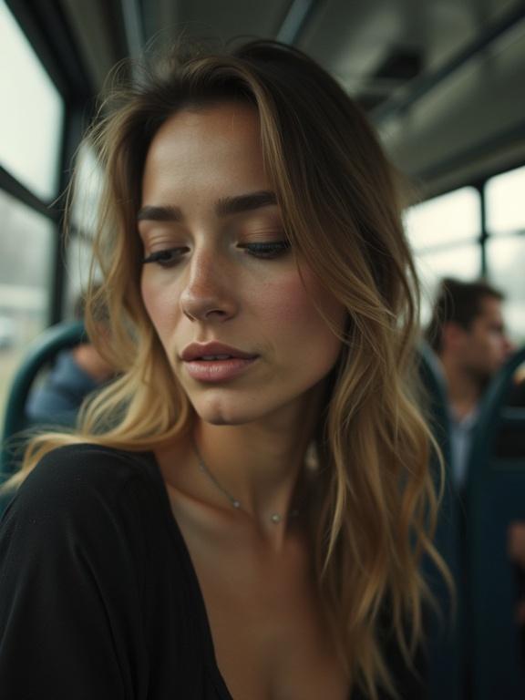 Grainy and amateur-quality photo taken on a bus. Beautiful woman with long hair appearing unaware of the photo being taken. Intimate and candid moment captured.