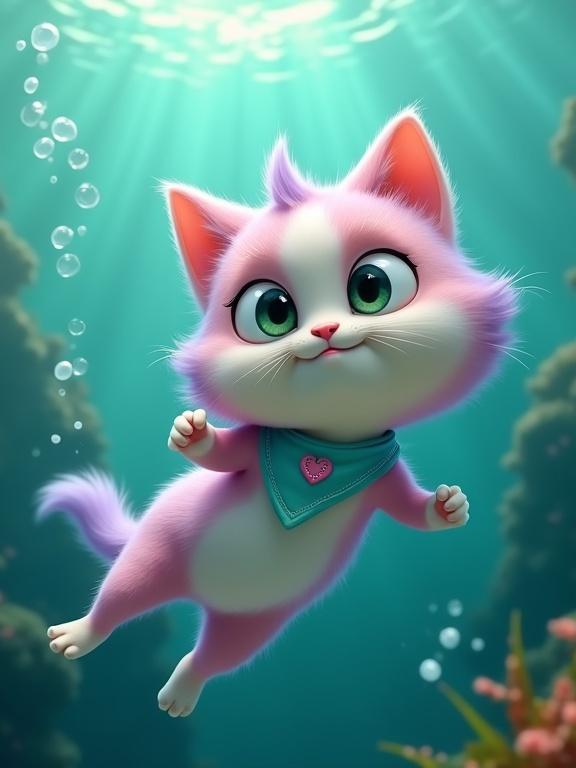 Fluffy anthropomorphic kitten with pink and lavender fur. Creamy white belly. Large green eyes. Oversized head. Tiny paws and perky ears. Wearing blue bandana with stitched pink heart. Kitten rescues human baby through strong underwater currents. Seaweed coils around legs. Powerful swimming strokes. Bandana streaming behind. Soft glow surrounds them. Bubbles rising.