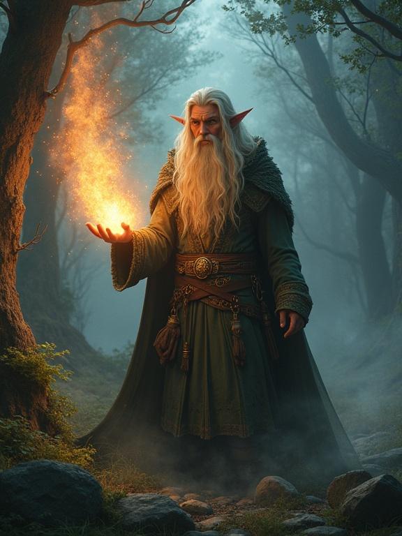 Character design featuring an elf sorcerer casting a glowing spell in a forest. Digital illustration with epic scene and cinematic light. Artwork in high resolution, inspired by trending concepts on artstation.