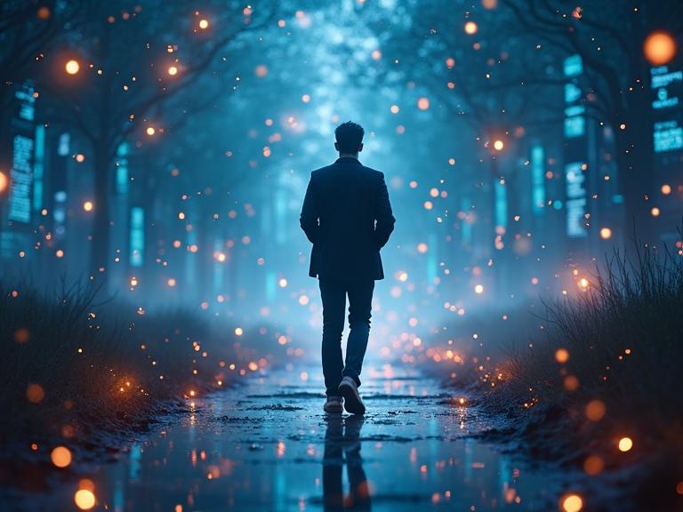A confident person walks into a visually stunning digital future. The environment glows with floating crypto symbols and charts. Inspiring words like “Tu estrategia”, “Noticias”, “Comunidad” are evident. Animations of YouTube buttons for Like, Subscribe, and Comment appear.