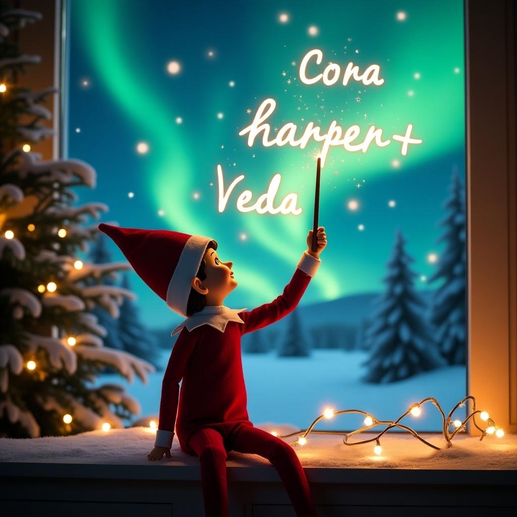 An enchanting Christmas scene features an elf on the shelf, whose back is to the viewer, creating a sense of wonder. Dressed in red and white, the elf wields a magic wand, writing 'Cora', 'Harper', and 'Veda' in a glowing script above him, adding an interactive element to the scene. The background is a vibrant display of northern lights, enhancing the magical ambiance of the moment. The soft lights twinkling around the elf add festive cheer. Overall, this image portrays the spirit of Christmas with a whimsical twist, perfect for holiday-themed content.