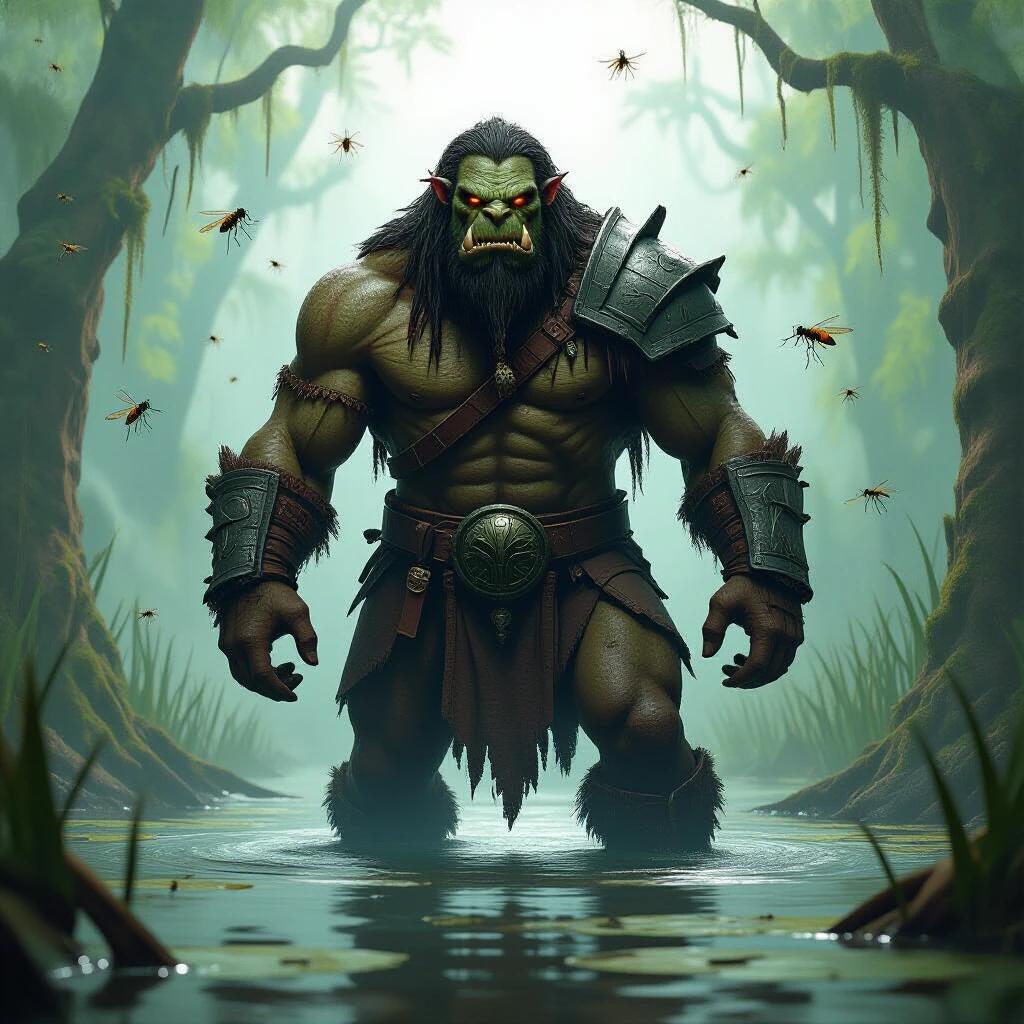 A giant towering figure stands in a fetid swamp. The character wears rough hide armor and is surrounded by buzzing mosquitoes. The atmosphere is mystical with a foggy background.