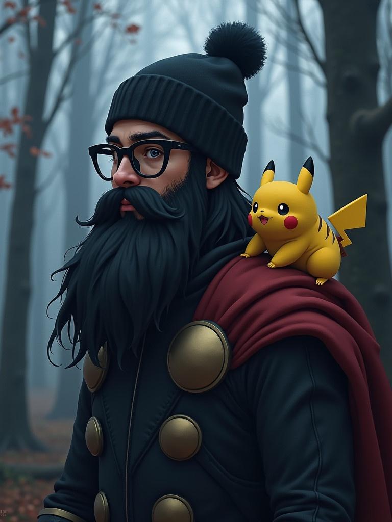 A character resembling Thor in a twilight forest. Character has a big black beard and wears a black beanie. Character wears black glasses and has Pikachu on shoulder.