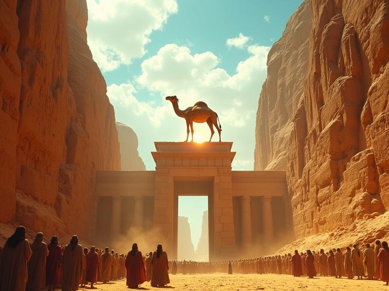 A cinematic desert scene features a massive golden camel emerging from a canyon. A large crowd of ancient people in traditional robes gathers below. A grand temple with classical columns stands at the cliff's foot with a bright flame atop. The sky is vivid blue with soft clouds. The scene is bathed in warm sunlight with vibrant colors and ultra-realistic textures.