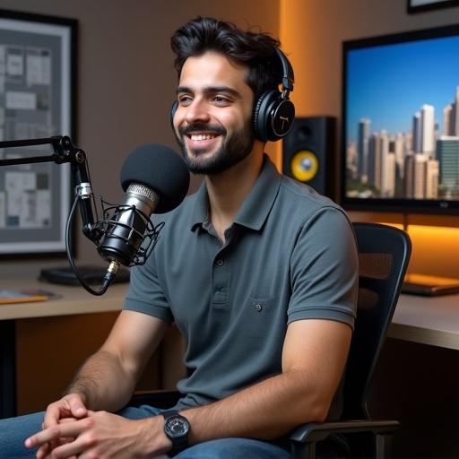 A young man sitting casually in a modern podcast studio. He has short dark hair, a trimmed beard, and wears a polo shirt and jeans. He smiles naturally, wearing headphones, and speaks into a microphone. The background shows real estate-themed decorations and a city skyline on a digital screen. The lighting is warm and cinematic.