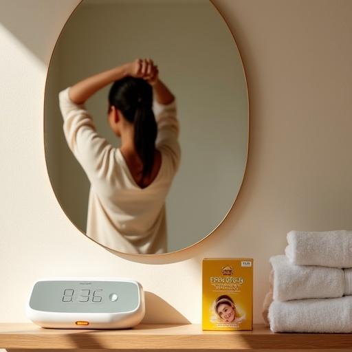 Modern bathroom features soft beige walls. Natural light floods the space. A woman stands in front of a large oval mirror. She ties her hair gracefully. She wears a comfortable ethnic outfit, viewed from behind. Below the mirror is a sleek white digital timer showing the time 8:36. Next to it is a golden-yellow box of Fem Gold Ultra Crème Bleach. A stack of white towels is neatly folded. The scene captures a calm morning ritual and serenity.