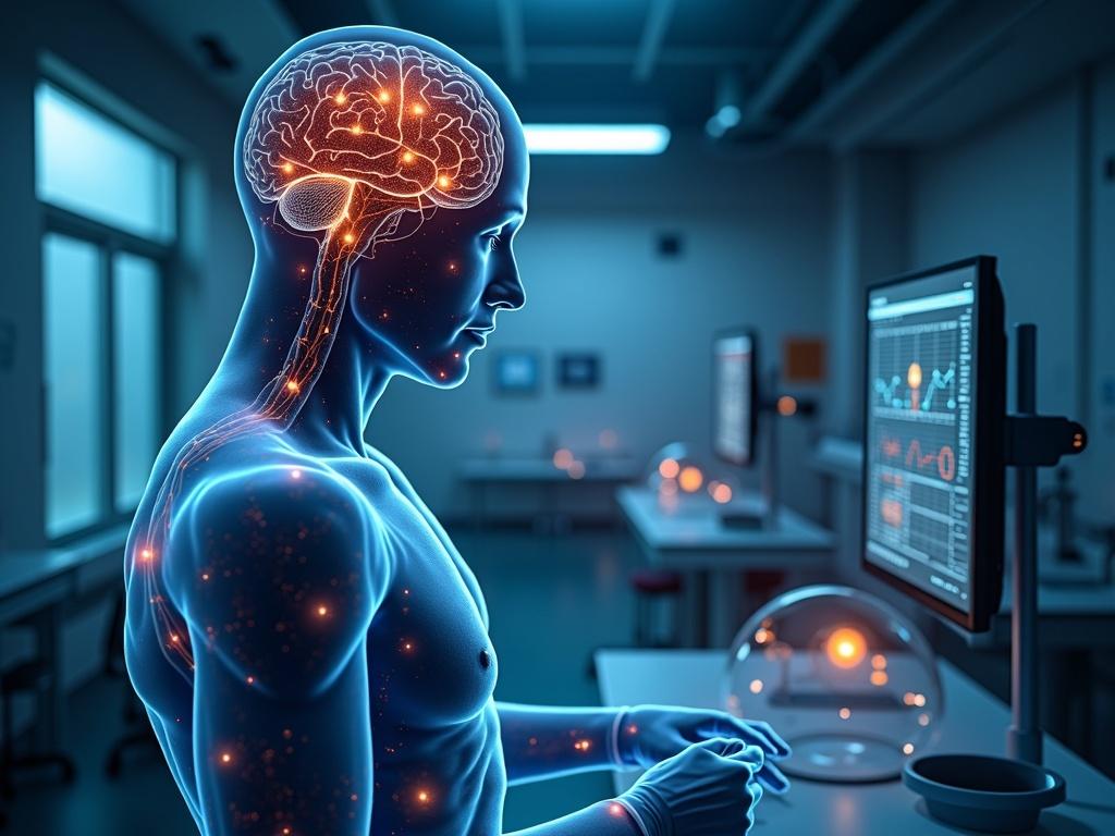 Futuristic medical animation of the human body releasing endocannabinoids after exercise. Molecules float from brain and muscles. Scientific but visually friendly style. Modern futuristic laboratory background with screens displaying monitoring systems for heart, respiration, and temperature.