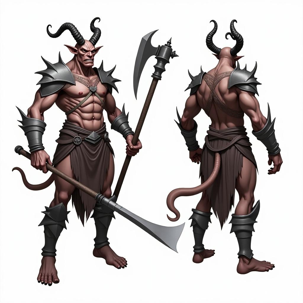 Character design showcase of a muscular demon with horns. Features multiple views including front, side, back, and three-quarter angles. Demon has a two-handed axe, wearing spaulders and torso armor. Detailed depiction of attire and physique.