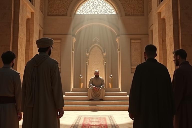 Highly detailed 3D render of ancient Islamic courtroom. Qazi sitting elevated with scrolls and candles. Hazrat Ali in dignified pose. Jewish man standing attentively. Stone walls with Arabic patterns. Soft golden light from high window. Serious and respectful atmosphere.