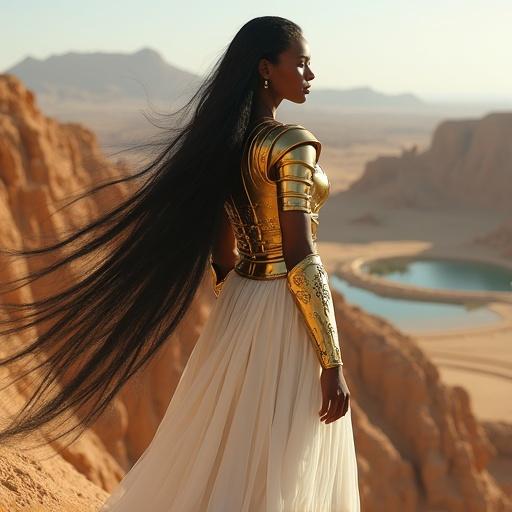 Realistic photo features a Black woman with long hair. She wears golden armor and a flowing white dress. She stands on a cliff. Below is a vast desert oasis.