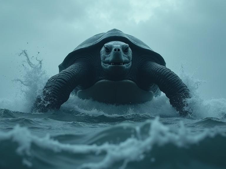 A colossal dark tortoise rises from the ocean. The scene shows a low angle with mist and waves all around. The turtle has tusk teeth and a detailed shell. A stormy atmosphere with rain and cloudy skies enhances the view.