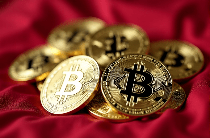 A pile of gold coins with Bitcoin symbols lies on a red cloth background.