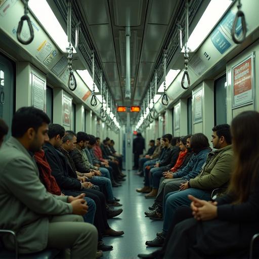 Inside view of a metro in Pakistan filled with passengers. Rows of people sitting quietly. The interior shows metal and plastic seating. Overhead lights illuminate the train. A sense of urban life and commuting is captured.