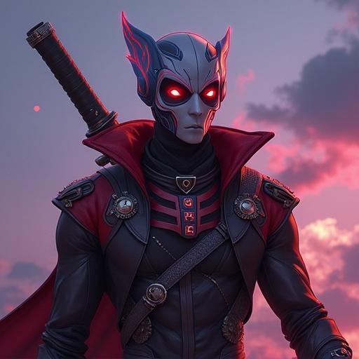 Character design of Jhin from League of Legends. Art style similar to Borderlands. Focus on intense colors and dynamic features. Display the character in a dramatic pose.