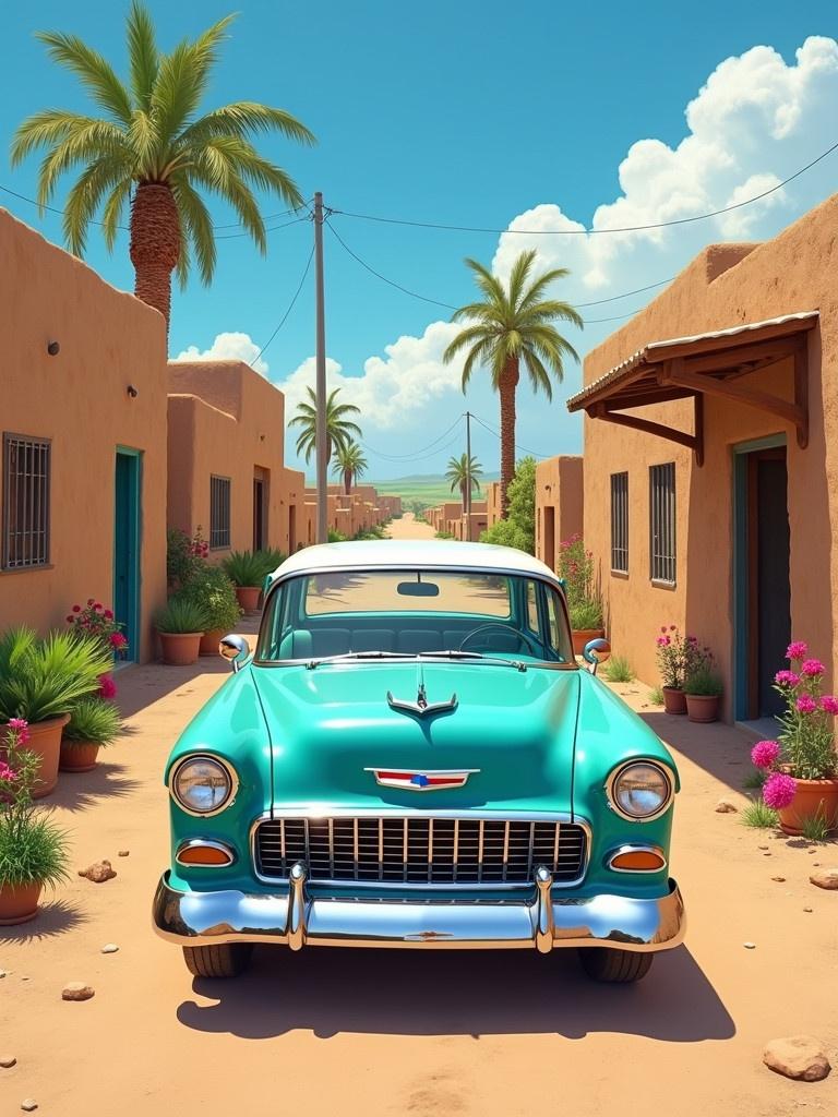 A turquoise 1956 Chevrolet parked on a narrow street lined with Iraqi rural mud houses. One story buildings with wooden beams. Clear sunny sky above. Nostalgic atmosphere. Painting with clear oil colors. Colors fade to white. Background shows a dirt path to green fields with date palm trees and flowers. Detailed matte painting with high resolution and depth.