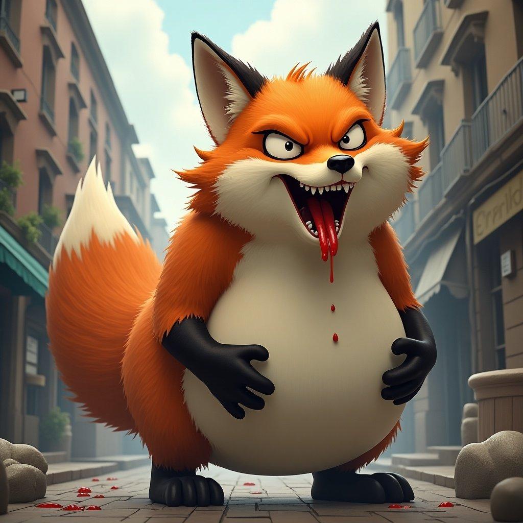 Giant animated female fox stands in a small city street. Fox has orange fur and a big belly. Mouth is open with a big smile and tongue hanging out. There is saliva dripping from the mouth. The fox has angry eyes.