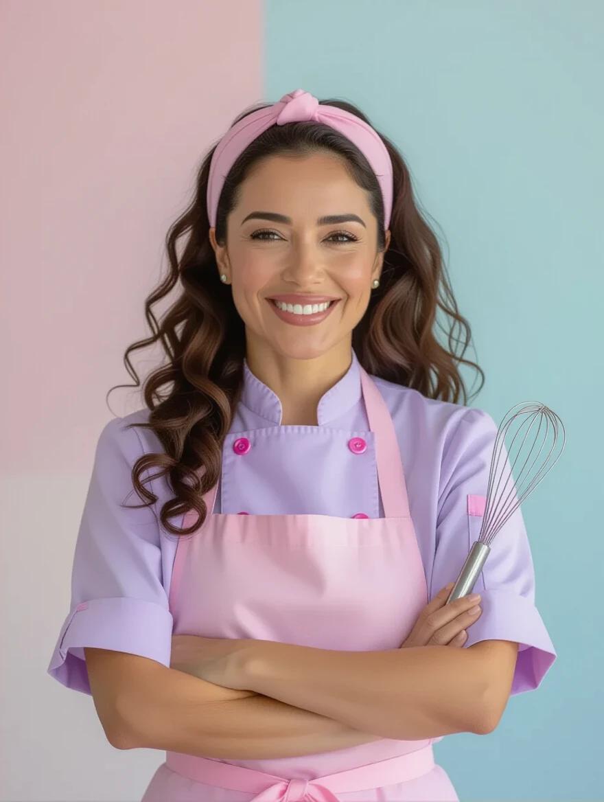 Portrait of a Brazilian pastry chef in a pastel-colored uniform. She has curly hair tied back with a pink headband. Uniform is light lilac with pink buttons. Whisk is held confidently. Background has soft pastel colors. Studio lighting shines on the subject.