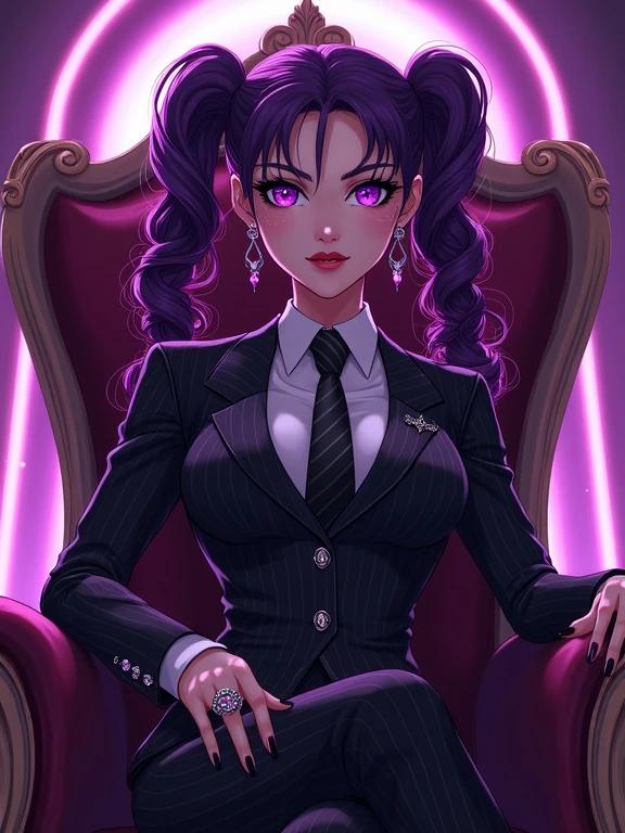 Anime character with amethyst purple eyes and curly pigtails. Wearing a pinstriped suit and sitting on an amethyst throne. Holding black hole fire energy. Surrounded by a colorful background. Features visible tattoos. Set in a futuristic building.