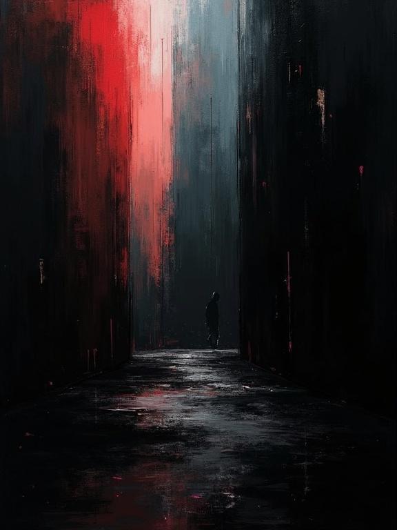 Digital oil painting with a black background. Harsh paint strokes create depth. Absurdist and unfinished artistic elements present. Flat colors contrast with a uniquely designed silhouette. Minimalist style highlights formless shifting voids of color. Shadows intermingle with a sense of futurism.