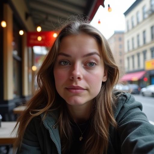An unremarkable selfie taken in New York City at a restaurant. The subject is a girl in her mid 20s. Photo is blurry and overexposed. The angle is awkward and composition lacks focus. A candid moment captured while pulling out the phone.