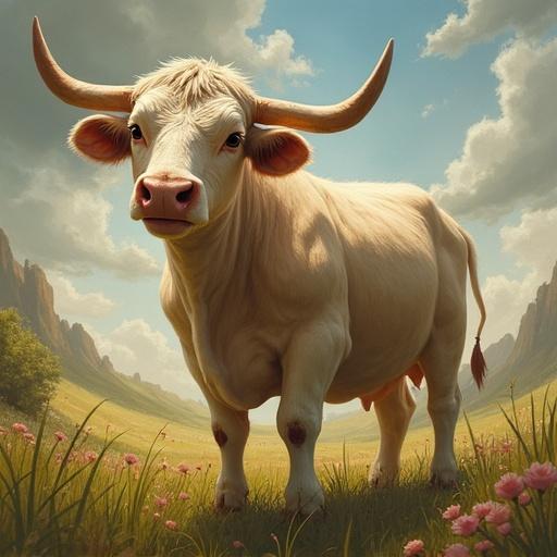 A peaceful cow in a lush green landscape with mountains in the background. The cow has big horns and a curious expression among flowers.