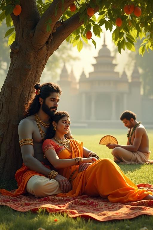 Lord Ram rests beside a mango tree on intricate cloth. Goddess Sita leans on his shoulder. A man in traditional attire massages Lord Ram's feet. Lord Hanuman holds a fan in the distance. An Indian castle is blurred behind. Warm sunlight filters through leaves, creating a divine atmosphere.