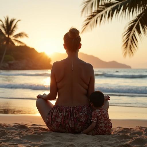A serene beach scene with a woman squatting facing the ocean. Her back is to the viewer emphasizing her strong body. Her arms rest on her thighs symbolizing protection. A small child sits quietly between her legs. They wear traditional clothing. The child gazes at the horizon. The scene is illuminated by warm sunset light with palm trees framing the view.