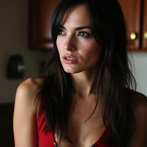 Woman posing confidently in an intimate setting. Stylish appearance. Warm lighting surrounds her. Focus on her upper body and hair. Subtle shadows enhance her features.