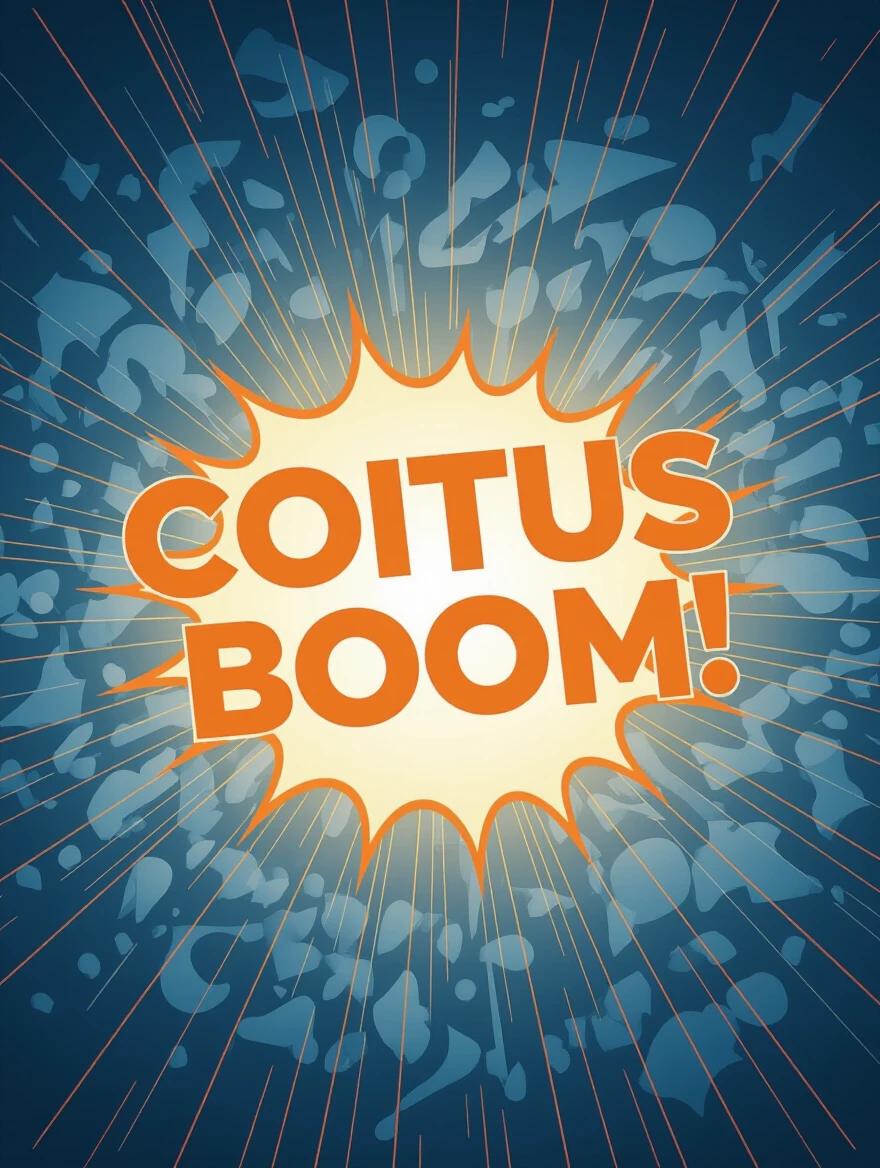 Text displaying the words 'COITUS BOOM!' with orange highlights against a blue background featuring explosion effects.
