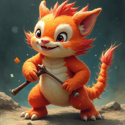 Image of a cute orange creature with spiky hair holding a stick. Emphasizes cartoon style and vibrant colors. Background appears lively and whimsical with a fun, dynamic pose.