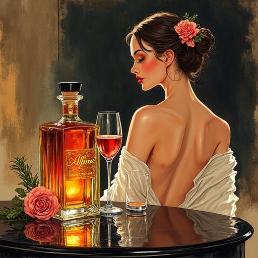 Vibrant ink and watercolor painting of a gorgeous woman in a spa area. She wears a transparent silk wrap. She has golden reddish lips and toasts. A lower apothecary-style bottle labeled 'ALFRUNO' with golden reddish liqueur stands on a black table. Accompanied by roses and glasses. The artwork is dynamic and inspired by anime art.