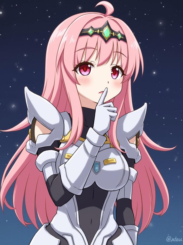 Anime character with pink hair. Character has vibrant eyes. She wears futuristic armor. A diadem rests on her head. The background features numerous stars. She gazes thoughtfully into the distance. Her finger is placed on her lips. The expression is contemplative.