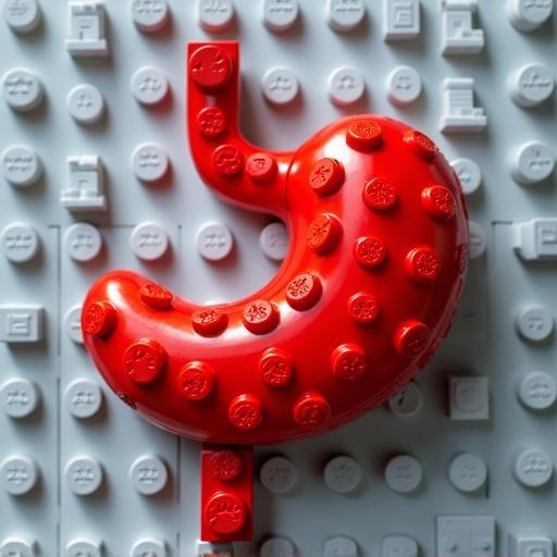 A Lego stomach model constructed using bright red Lego bricks. The model is placed on a gray Lego brick board. The view is from directly above. The model's design highlights its shape and color.