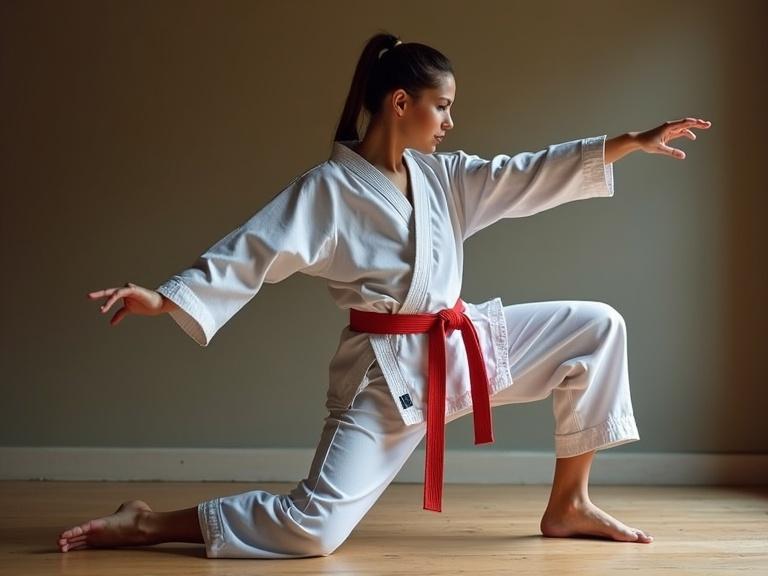 Female karate fighter performs a stretching movement in a martial arts uniform with a red belt. The setting is indoors with soft natural lighting.