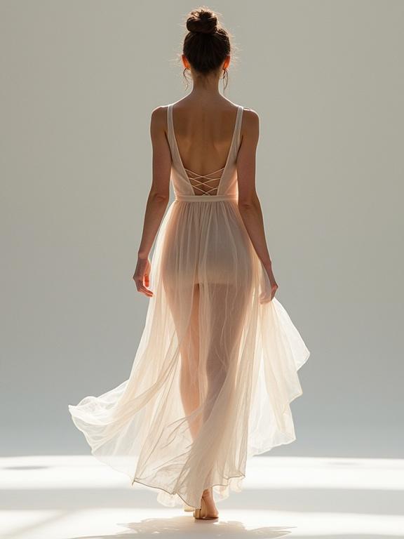 A woman in a transparent dress is gracefully walking. The dress flows with movement behind her. The photography captures a soft backlit effect creating elegance.