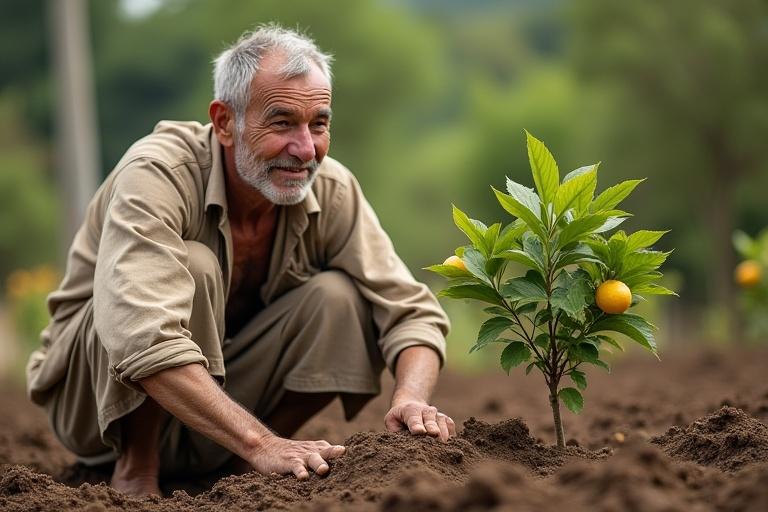 A man dressed in humble clothes works the soil with calloused hands. He pauses and looks at a small lemon tree he planted. The tree has bright green leaves and tiny lemons. The man smiles faintly, proud of his labor in nurturing life.