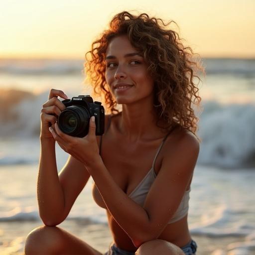 A woman kneeling on the beach taking photos. She holds a camera. Curly hair is frizzed by saltwater. Sand on her shoulders. Slight sunburn on her nose. A seashell behind her ear. Warm golden hour light highlights her features. She squints at the camera as the waves gently crash behind her.