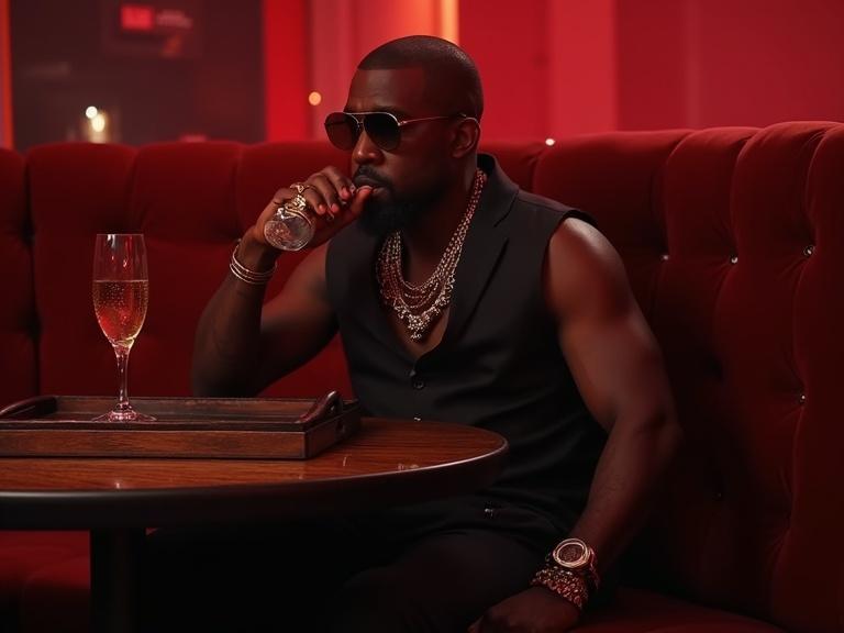 Kanye West in nightclub VIP area. Man with muscular build wearing leather vest. Seated next to empty chair. Showing champagne glass on tray. Full body candid shot. Bar atmosphere.