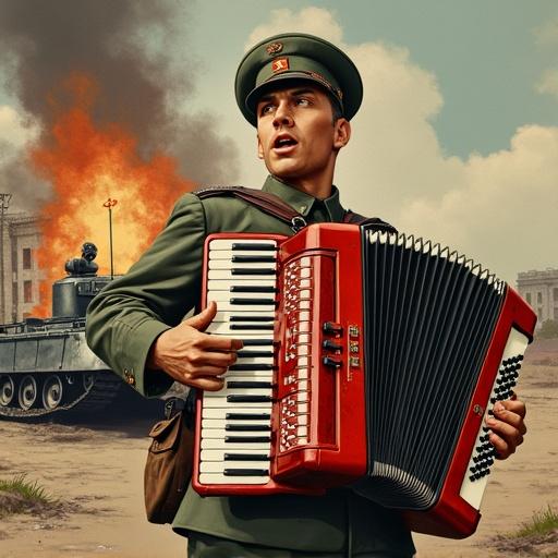 Soviet poster-style image depicting a soldier playing accordion amidst explosions and destruction. The scene shows a T-34 tank with a red star in the background and a destroyed building.