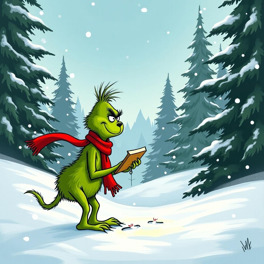 The Grinch writing Isla Insch-Kempson in the snow. Snow-covered hills and evergreen trees surround him. The Grinch is green and wears a red scarf.